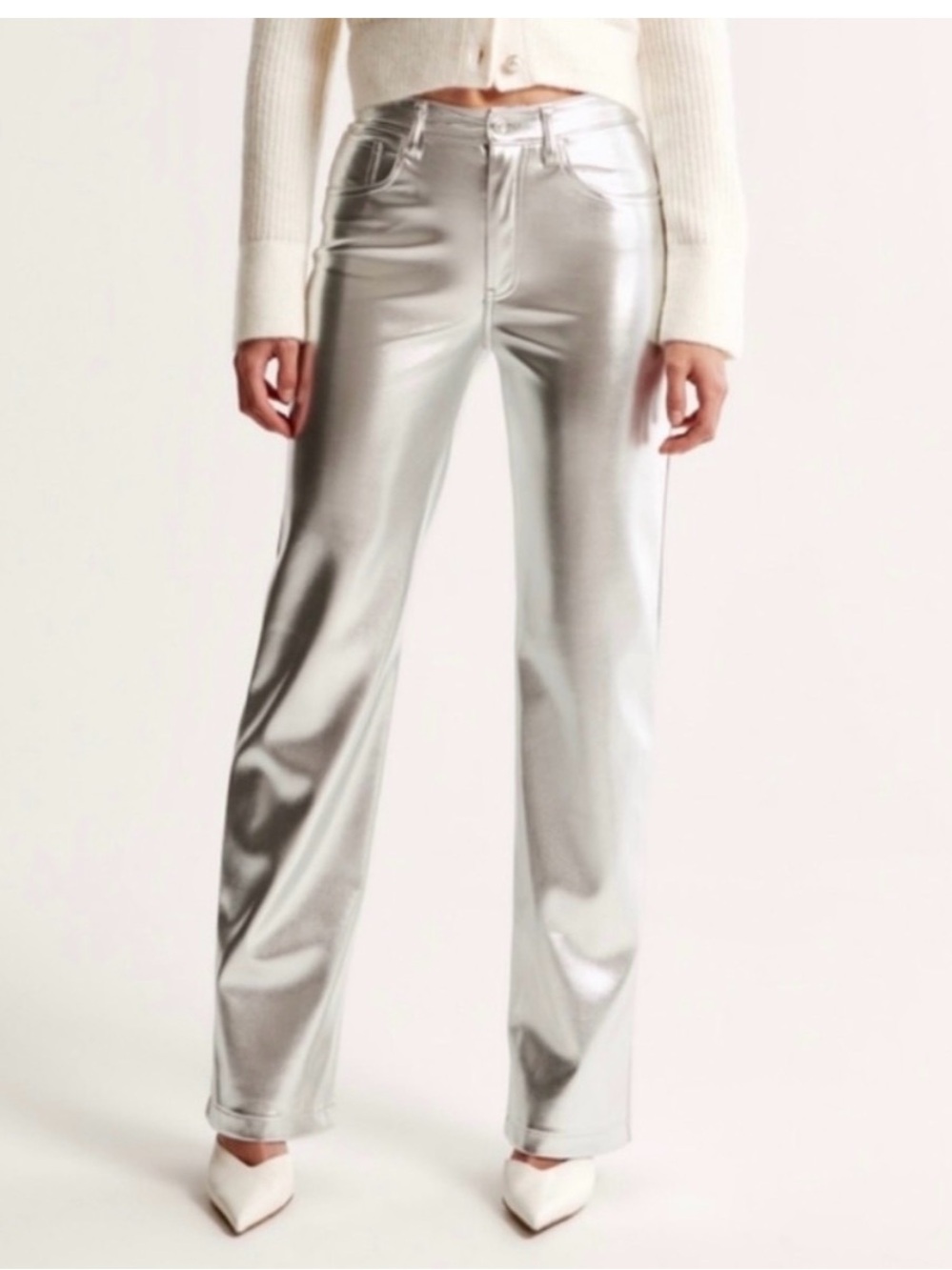Abercrombie & Fitch Curve Love Vegan Leather 90s relaxed Silver Straight Pants